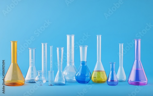 A set of laboratory glassware with different colors and shapes including beakers flasks and test tubes isolated on a blue background photo