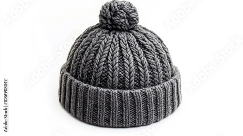 Cozy knitted grey beanie hat with pom pom for cold winter days