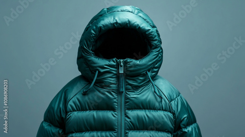 Teal puffer jacket without a person, displayed against a neutral backdrop for a fashion showcase