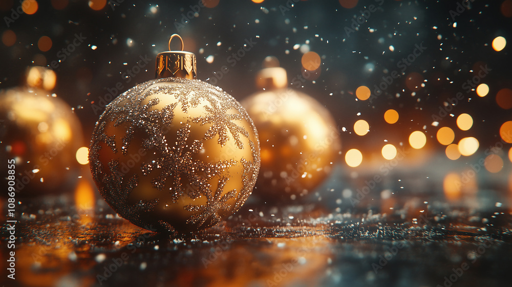 Fototapeta premium Glittering Golden Baubles with Bokeh Lights