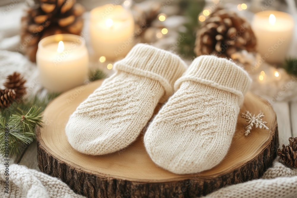 Cable knit mittens elegantly showcased on a rustic wooden table, surrounded by soft candlelight and seasonal decorations, evoking a warm, cozy atmosphere.