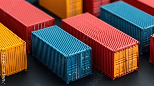 A close-up view of colorful shipping containers arranged in various positions, showcasing vibrant reds, blues, and yellows against a dark background. photo