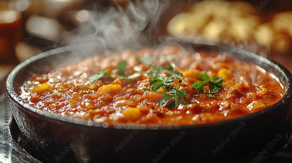 Savory Stew Simmers, Aromatic Herbs Garnish, Delicious Food Recipe Savory Stew Simmers, Aromatic Herbs Garnish, Delicious Food Recipe