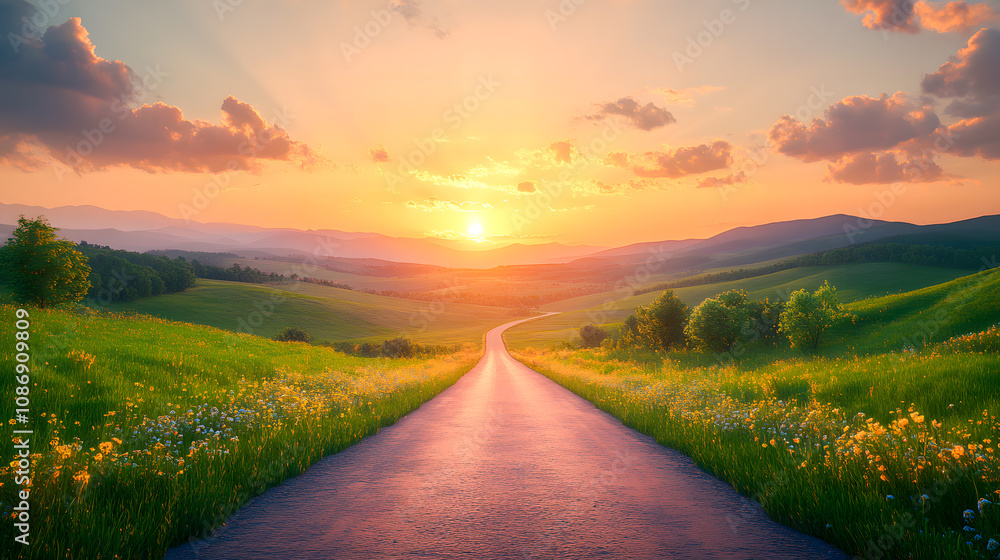 Fototapeta premium Beautiful summer rural landscape, Panorama of summer green field with Empty road and Sunset cloudy sky