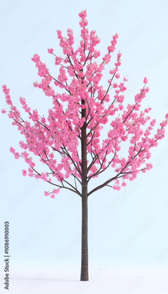 Pastel Pink Cherry Blossom Tree In Bloom, Springtime Beauty On Sky Blue, Illustration Pastel Pink Cherry Blossom Tree In Bloom, Springtime Beauty On Sky Blue, Illustration