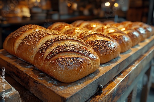 Artisan Bread: Golden Crust, Sesame Seeds, Baked Fresh photo