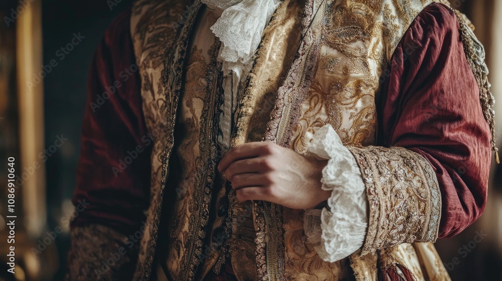 Fototapeta premium Sophisticated nobleman in opulent Renaissance attire, featuring intricate gold patterns and rich fabrics, showcasing vintage European fashion elegance.