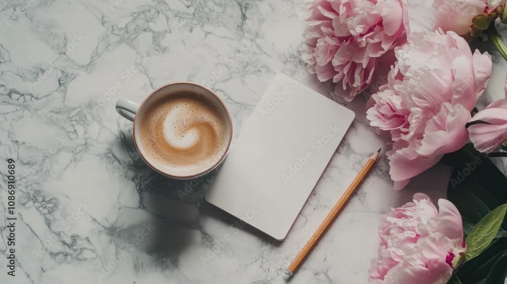Coffee mug and notebook atop a white stone tabletop with pink peonies, creating a stylish flat lay for a productive morning workspace. Coffee mug and notebook atop a white stone tabletop with pink peonies, creating a stylish flat lay for a productive morning workspace.