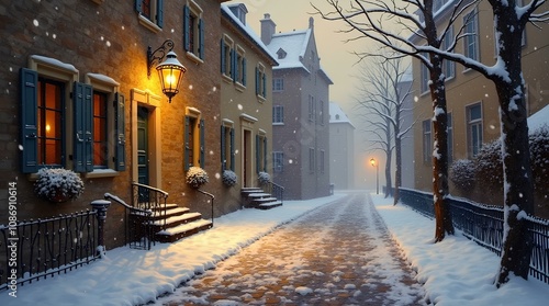 Wallpaper Mural Winter cityscape with cobblestone street and old architecture with warm lantern light and atmospheric snowfall. Torontodigital.ca