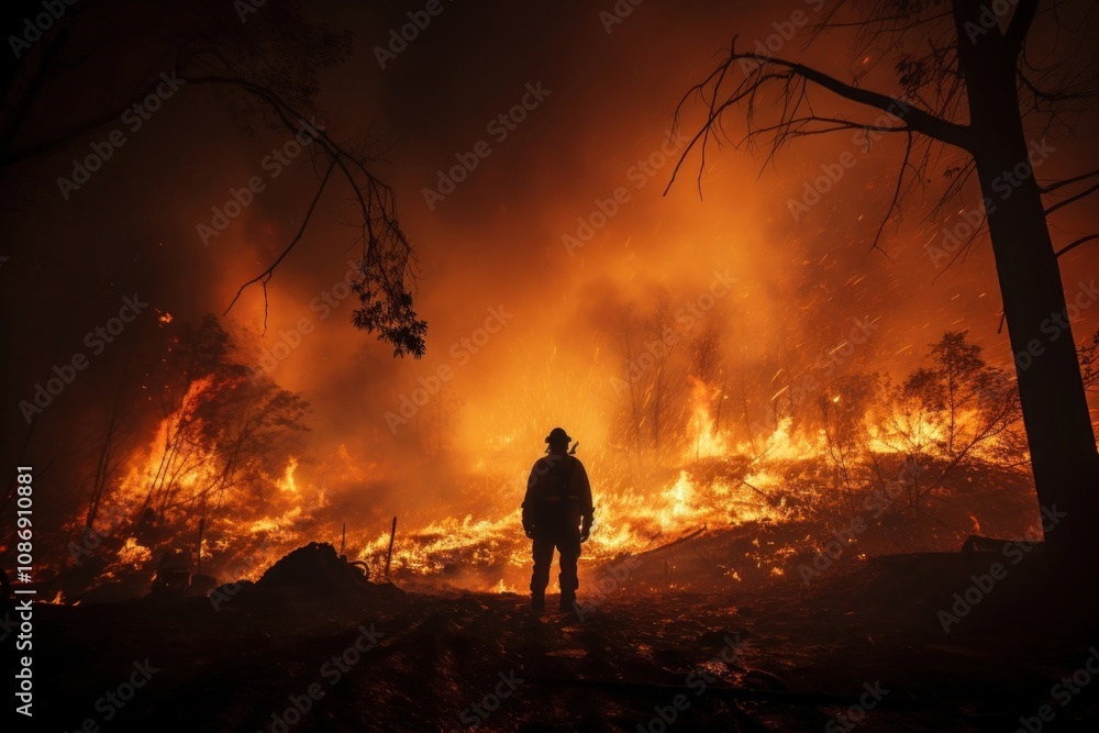 Firefighter in forest fire photo. . Firefighter in forest fire photo. .