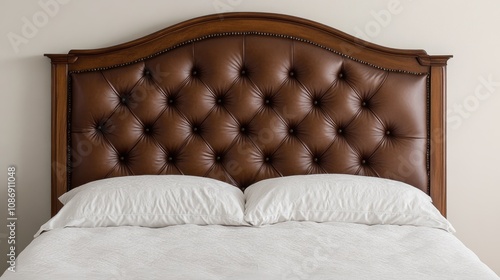 Vintage brown upholstered bed headboard with tufted design, elegantly mounted on a wall, featuring a classic wooden frame and decorative nailhead trim. photo