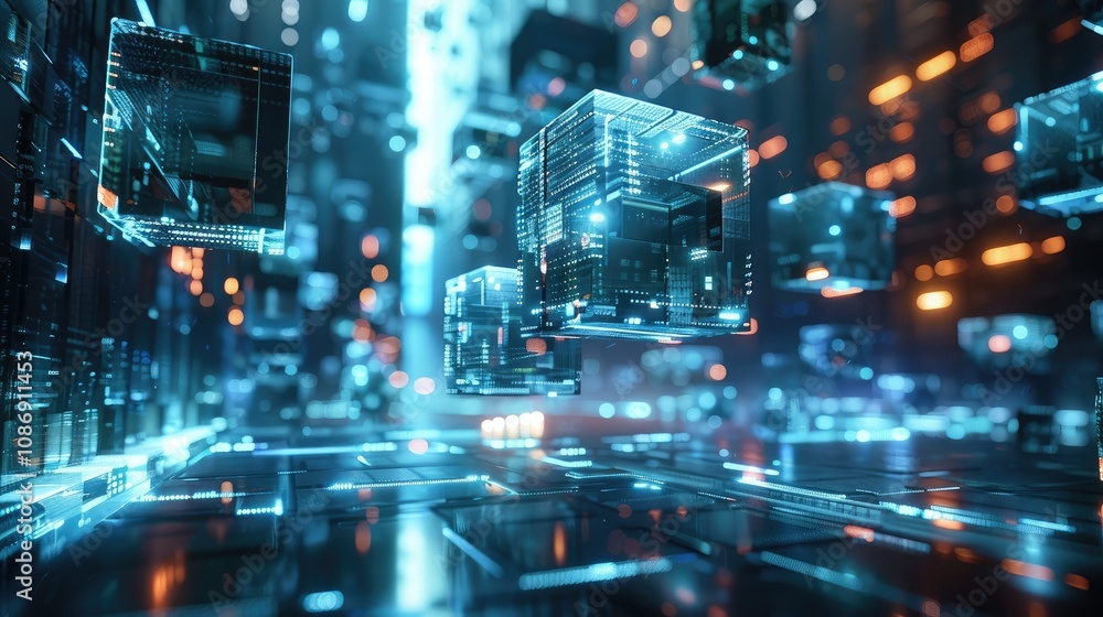 Geometric shapes floating in a cyber space environment Geometric shapes floating in a cyber space environment