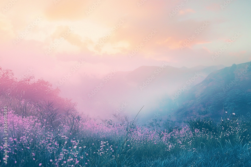 Naklejka premium Dreamy Landscape: A Serene Dawn Awash in Pastel Hues