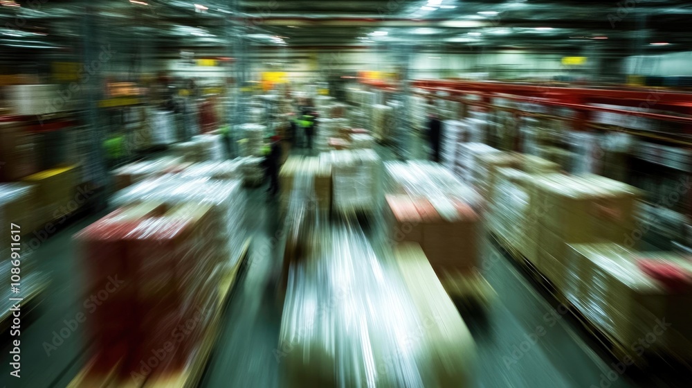 Busy warehouse scene depicting workers actively moving shipment boxes amidst a backdrop of stacked pallets and blurred motion, showcasing efficiency in logistics. Busy warehouse scene depicting workers actively moving shipment boxes amidst a backdrop of stacked pallets and blurred motion, showcasing efficiency in logistics.