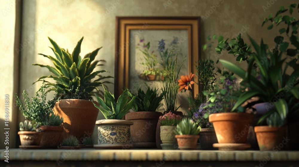 A sunlit table showcasing a variety of potted plants in decorative containers, with a vintage picture frame in the background for custom visuals. A sunlit table showcasing a variety of potted plants in decorative containers, with a vintage picture frame in the background for custom visuals.