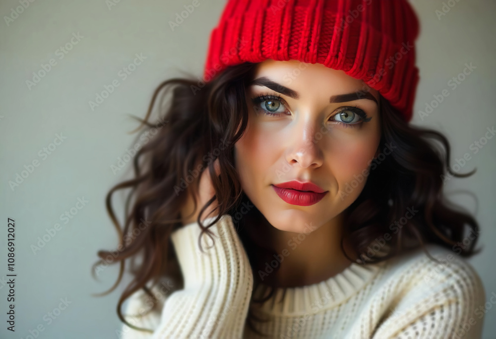 portrait of a girl in a red knitted hat portrait of a girl in a red knitted hat