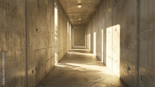 Modern industrial hallway showcasing bare concrete walls, soft indirect ceiling lighting, and an expansive 3D perspective, creating a serene yet stark architectural backdrop.