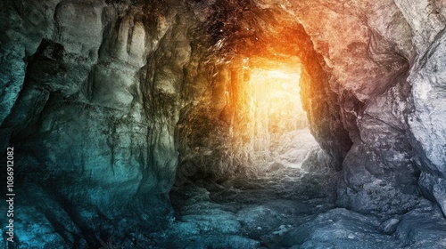 Abstract portrayal of philosophical themes from the allegory of the cave featuring a cave entrance illuminated by light, set against a softly blurred background in transformative colors.