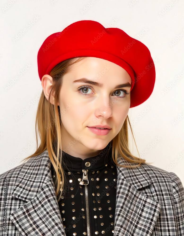 Portrait of a beautiful European girl in a red beret and coat Portrait of a beautiful European girl in a red beret and coat