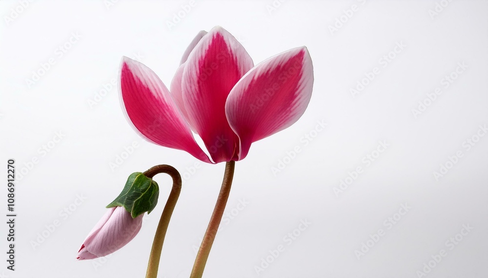 Naklejka premium シンプルなホワイト背景に、赤やピンクのシクラメンが1輪だけ置かれ、その色と形が冬の冷たさに温かみを加えるシンプルで優雅な構図。