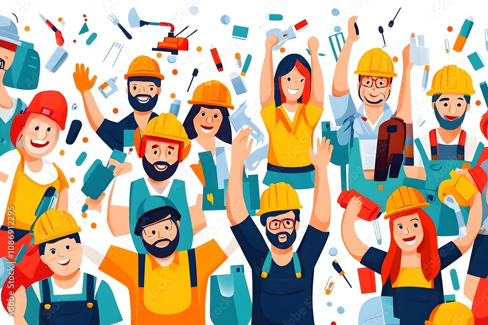 Fototapeta premium Labour day Safety hard hat and Construction tools background Labour Day concept on isolated background. 1st May celebrate on Labour Day is an annual holiday. celebration, day, poster, illustration,