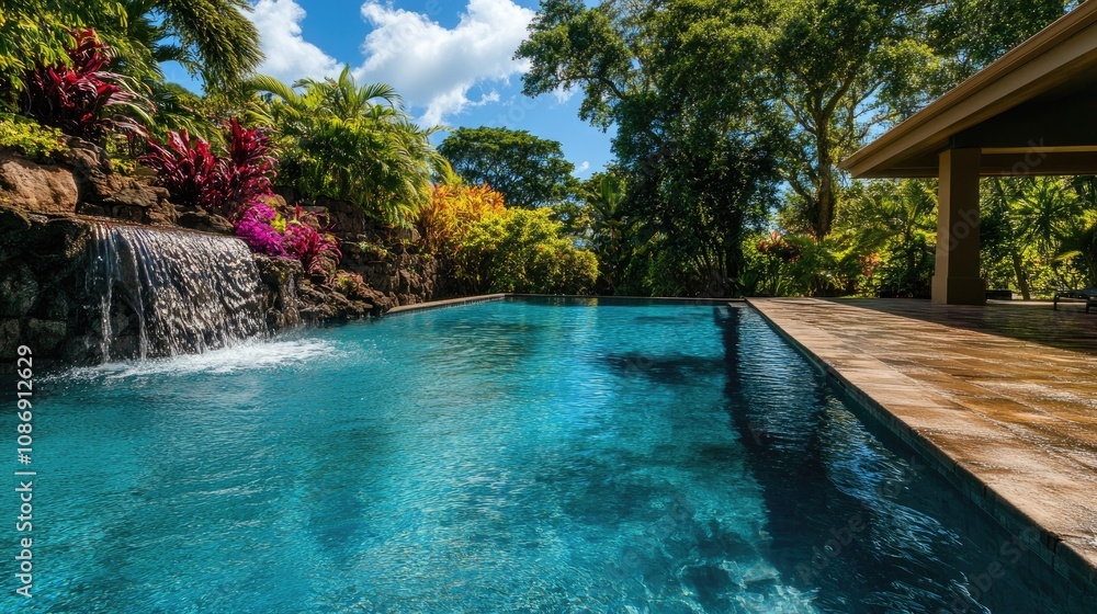Fototapeta premium Serene tropical oasis featuring a sparkling pool and a lush waterfall surrounded by vibrant foliage, perfect for relaxation and nature appreciation.