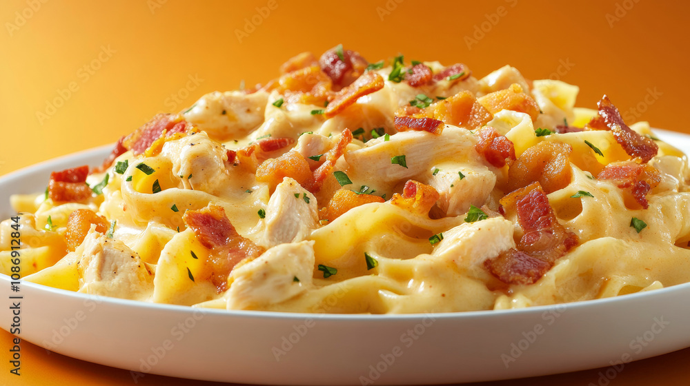 Delicious creamy bacon chicken pasta with parsley yummy chicken meat vegetable cream sauce fresh butter milk orange background. food photography advertising fashion restaurant cuisine gourmet wallpape Delicious creamy bacon chicken pasta with parsley yummy chicken meat vegetable cream sauce fresh butter milk orange background. food photography advertising fashion restaurant cuisine gourmet wallpape