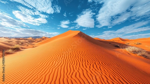 A remote trail through rolling sand dunes under a brilliant blue sky, with rippling patterns shaped by the wind. highlighting the textures, depth, and serene beauty of the desert environment. 