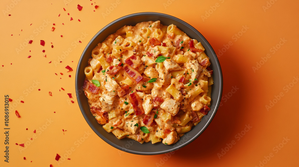 Delicious creamy bacon chicken pasta with parsley yummy chicken meat vegetable cream sauce fresh butter milk orange background. food photography advertising fashion restaurant cuisine gourmet wallpape Delicious creamy bacon chicken pasta with parsley yummy chicken meat vegetable cream sauce fresh butter milk orange background. food photography advertising fashion restaurant cuisine gourmet wallpape
