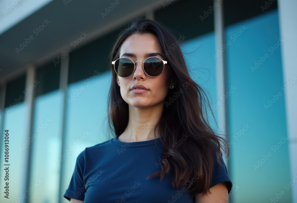 Portrait of a confident woman in sunglasses and a blue t-shirt against a modern building backdrop Portrait of a confident woman in sunglasses and a blue t-shirt against a modern building backdrop