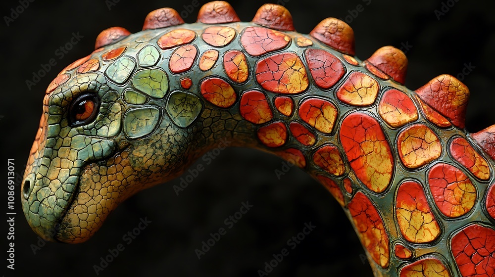 Naklejka premium Close-up of a vibrant, textured dinosaur sculpture; detailed artwork with cracked paint effect.