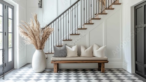 Wooden bench against grey wall and staircase. Generative AI
