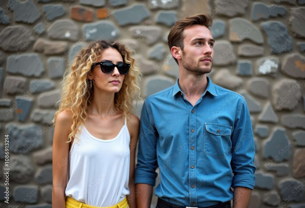 A couple looks away while posing for a photo. A couple looks away while posing for a photo.
