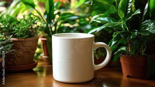 A clean white mug placed on a wooden surface amidst vibrant green plants in decorative pots, creating a serene and fresh atmosphere.