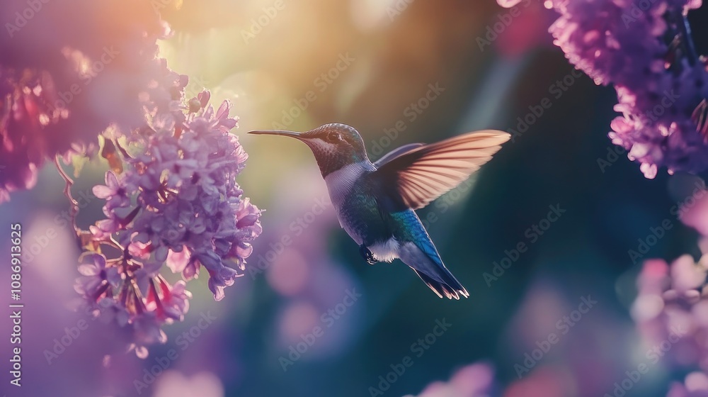 Fototapeta premium A shimmering hummingbird in mid-flight, delicately approaching a lush purple flower amidst a soft, colorful background.