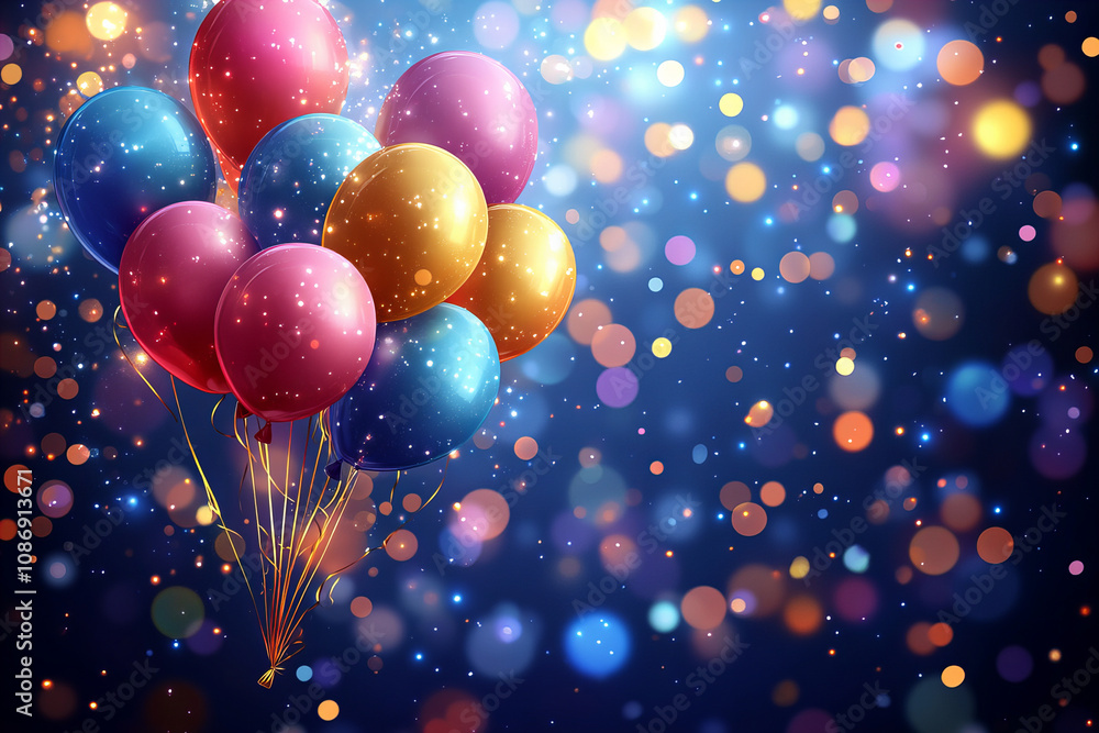 Festive Party Balloons with Sparkling Bokeh Background for Celebrations, Holidays, Birthdays, and Special Events Festive Party Balloons with Sparkling Bokeh Background for Celebrations, Holidays, Birthdays, and Special Events