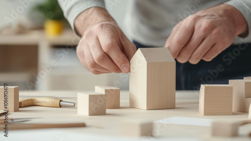 mockup of prototype model and portfolio. A person assembling a wooden model house with precision and creativity.