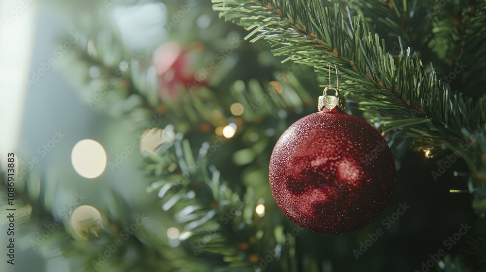 Close-up of a shimmering red ornament on a festively decorated Christmas tree, with soft bokeh lighting creating a warm holiday atmosphere. Close-up of a shimmering red ornament on a festively decorated Christmas tree, with soft bokeh lighting creating a warm holiday atmosphere.