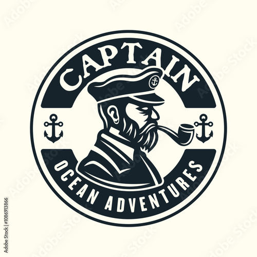 Captain smoke pipe vector round vintage emblem, badge or label on light background