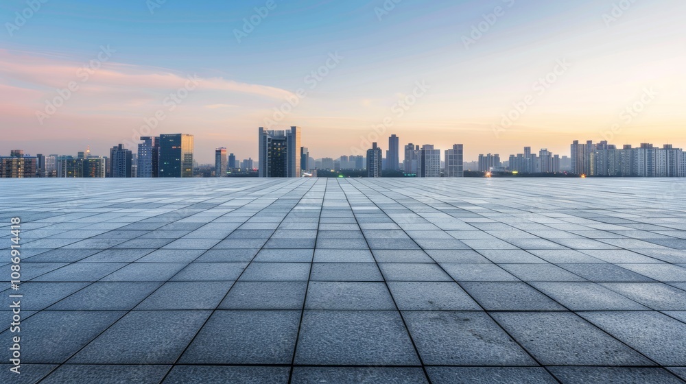 Empty square floor with city skyline background, Urban Oasis cityscape photography, midday lighting Empty square floor with city skyline background, Urban Oasis cityscape photography, midday lighting
