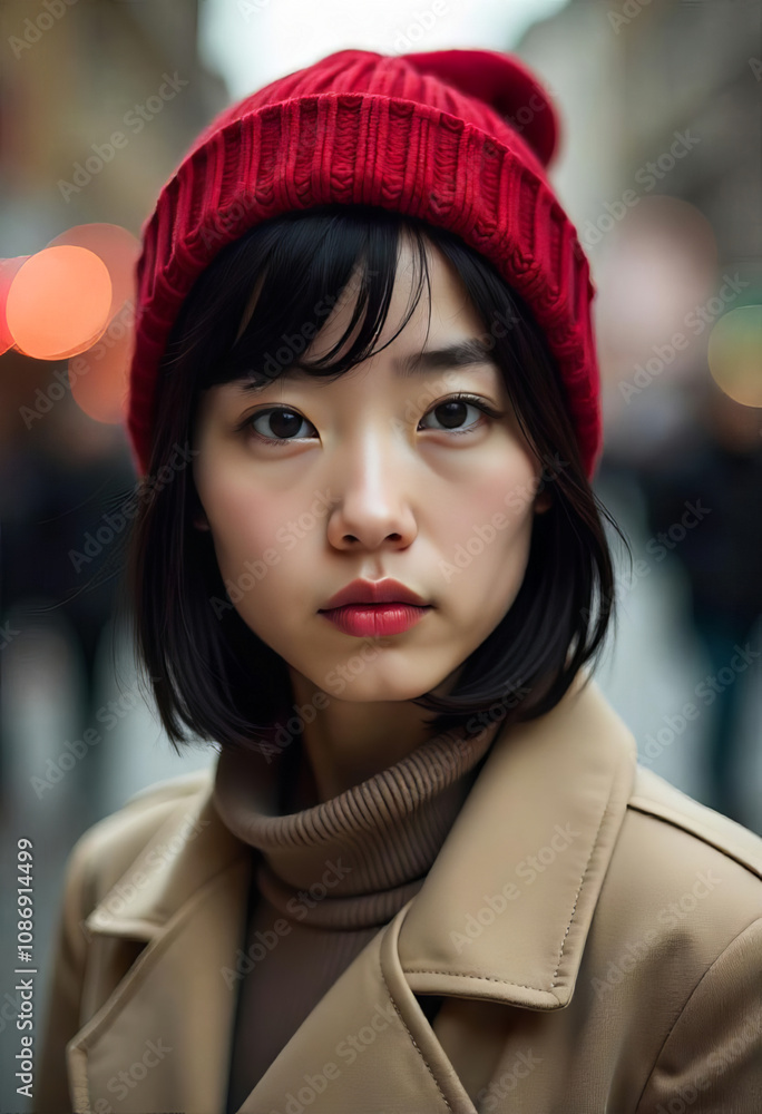 Portrait of a young Asian girl in a red knitted hat and beige coat Portrait of a young Asian girl in a red knitted hat and beige coat