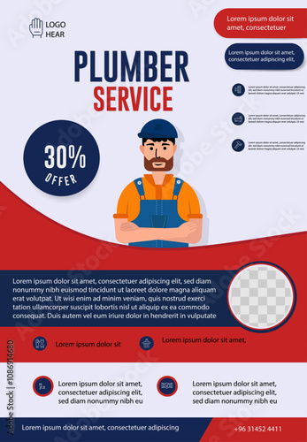 Plumber services flyer or poster template design with flat art character vector illustration