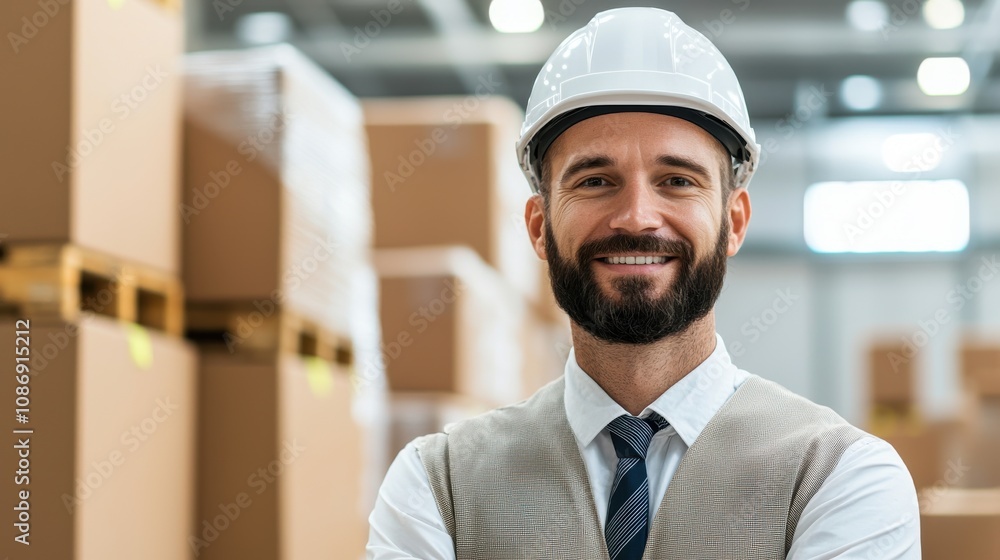 A confident man in a safety helmet smiles in a warehouse filled with stacked cardboard boxes, embodying professionalism and leadership. A confident man in a safety helmet smiles in a warehouse filled with stacked cardboard boxes, embodying professionalism and leadership.