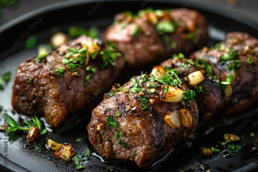 Beef rolls with garlic and herbs, close-up on the plate. Beef rolls with garlic and herbs, close-up on the plate.