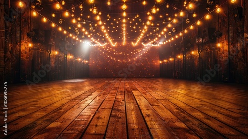 A dark room with a wooden floor and a stage lit by spotlights and string lights.