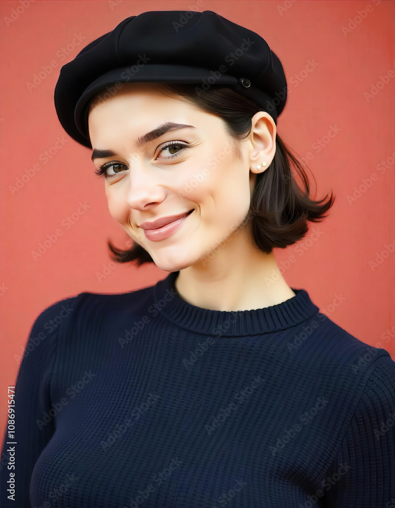 Portrait of a pretty girl with a bob haircut in a beret Portrait of a pretty girl with a bob haircut in a beret