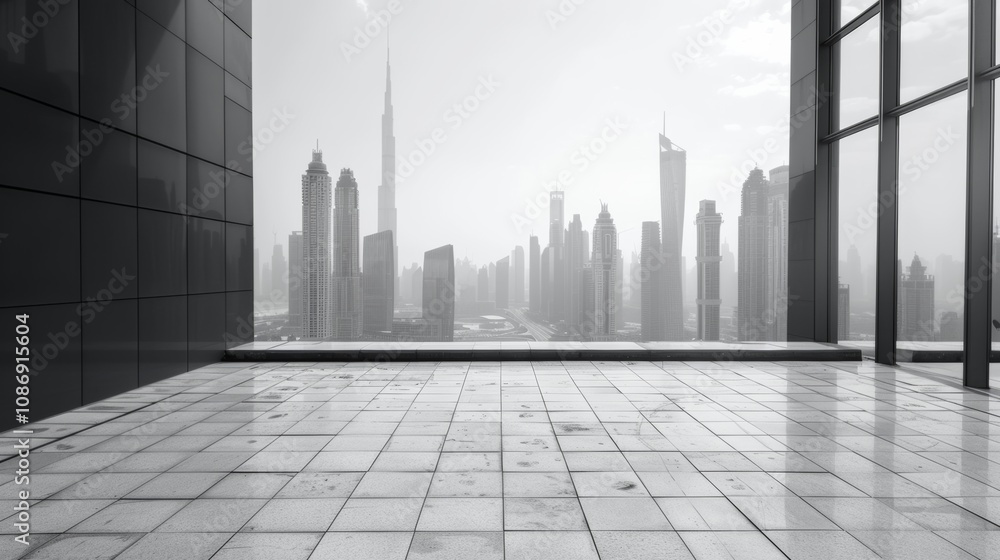 Empty square floor with city skyline background, Downtown Dreams cityscape photography, nighttime lighting Empty square floor with city skyline background, Downtown Dreams cityscape photography, nighttime lighting