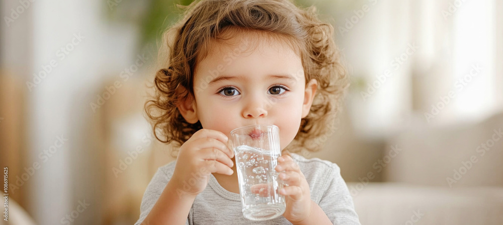Cute toddler girl drinking fresh water from glass at home