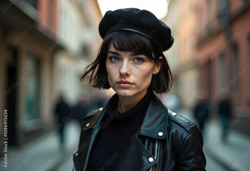 Portrait of a pretty girl with a bob haircut in a beret outdoor Portrait of a pretty girl with a bob haircut in a beret outdoor