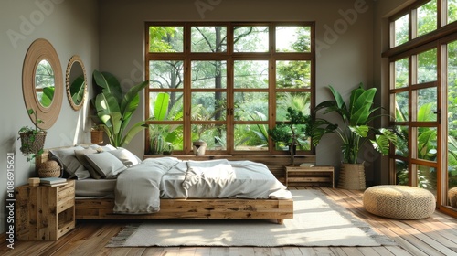 Modern minimalistic bedroom with wooden accents and large window.